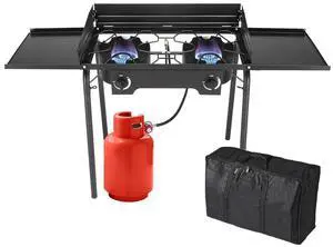 2 Burners Propane Gas Stove, 150,000 BTU Portable Outdoor Camp Cooker Stove with Regulator, Side Shelves, Foldable Windpanel, Adjustable Height & Carrying Bag for Backyard, Camping, Tailgating 2 Burners Propane Gas Stove, 150,000 BTU Portable Outdoor Camp Cooker Stove with Regulator, Side Shelves, Foldable Windpanel, Adjustable Height & Carrying Bag for Backyard, Camping, Tailgating
