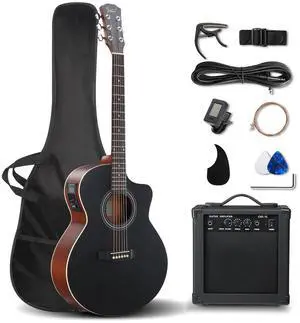 41in Full Size Acoustic Electric Guitar Beginner Kit with 15W Amp, 5-band EQ Cutway Design 6 Strings Electric Acoustic Guitar with Bag, Strap, Picks, Strings, Wrench (Black, 41in) 41in Full Size Acoustic Electric Guitar Beginner Kit with 15W Amp, 5-band EQ Cutway Design 6 Strings Electric Acoustic Guitar with Bag, Strap, Picks, Strings, Wrench (Black, 41in)