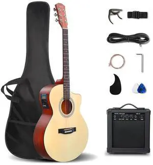 41in Full Size Acoustic Electric Guitar Beginner Kit with 15W Amp, 5-band EQ Cutway Design 6 Strings Electric Acoustic Guitar with Bag, Strap, Picks, Strings, Wrench (Natural, 41in) 41in Full Size Acoustic Electric Guitar Beginner Kit with 15W Amp, 5-band EQ Cutway Design 6 Strings Electric Acoustic Guitar with Bag, Strap, Picks, Strings, Wrench (Natural, 41in)