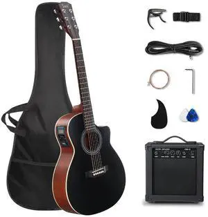36in Full Size Acoustic Electric Guitar Beginner Kit with 15W Amp, 5-band EQ Cutway Design 6 Strings Electric Acoustic Guitar with Bag, Strap, Picks, Strings, Wrench (Black, 36in) 36in Full Size Acoustic Electric Guitar Beginner Kit with 15W Amp, 5-band EQ Cutway Design 6 Strings Electric Acoustic Guitar with Bag, Strap, Picks, Strings, Wrench (Black, 36in)