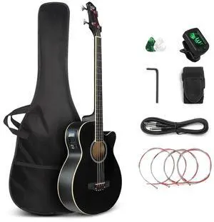 Full Size Acoustic Electric Bass Guitar Beginner Kit, Cutaway 4 Strings Electric Acoustic Bass Guitar w/Inbuilt Tuner, Bag, Strap, Picks, Strings, Basswood Bass Guitarra, Matte Black Full Size Acoustic Electric Bass Guitar Beginner Kit, Cutaway 4 Strings Electric Acoustic Bass Guitar w/Inbuilt Tuner, Bag, Strap, Picks, Strings, Basswood Bass Guitarra, Matte Black