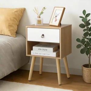 Oak Nightstand, Modern Bedside Table with Drawer Open Shelf, End Table with Solid Wood Legs for BedroomLiving Room Oak Nightstand, Modern Bedside Table with Drawer Open Shelf, End Table with Solid Wood Legs for BedroomLiving Room
