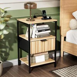 Fluted Nightstand, Fabric Dresser with 2 Drawers and 1 Shelf, Bedside Table/End Table with Charging Station, Nightstand for Bedroom, Livingroom, College Dorm, Oak Fluted Nightstand, Fabric Dresser with 2 Drawers and 1 Shelf, Bedside Table/End Table with Charging Station, Nightstand for Bedroom, Livingroom, College Dorm, Oak