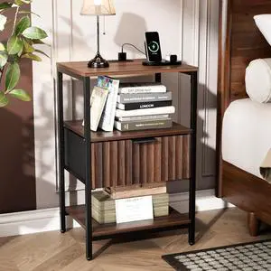 Fluted Nightstand, Fabric Dresser with 2 Drawers and 1 Shelf, Bedside Table/End Table with Charging Station, Nightstand for Bedroom, Livingroom, College Dorm, Walunt Fluted Nightstand, Fabric Dresser with 2 Drawers and 1 Shelf, Bedside Table/End Table with Charging Station, Nightstand for Bedroom, Livingroom, College Dorm, Walunt