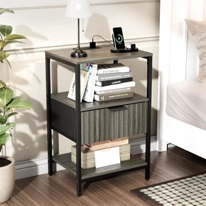 Fluted Nightstand, Fabric Dresser with 2 Drawers and 1 Shelf, Bedside Table/End Table with Charging Station, Nightstand for Bedroom, Livingroom, College Dorm, Grey Fluted Nightstand, Fabric Dresser with 2 Drawers and 1 Shelf, Bedside Table/End Table with Charging Station, Nightstand for Bedroom, Livingroom, College Dorm, Grey