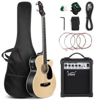 Full Size Acoustic Electric Bass Guitar Beginner Kit w/ 15W Amp, Cutaway 4 Strings Electric Acoustic Bass Guitar w/Inbuilt Tuner, Bag, Strap, Picks, Strings, Bass GuitarraMatte Natural Full Size Acoustic Electric Bass Guitar Beginner Kit w/ 15W Amp, Cutaway 4 Strings Electric Acoustic Bass Guitar w/Inbuilt Tuner, Bag, Strap, Picks, Strings, Bass GuitarraMatte Natural