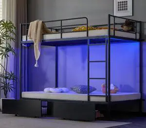 Metal Bunk Bed Twin Over Twin with 2 Drawers, LED Lights and Charging Station, Heavy Duty Twin Bunk Bed with 13.4-Inch Guardrails, Non-Slip Ladder, No Box Spring Needed, Black Metal Bunk Bed Twin Over Twin with 2 Drawers, LED Lights and Charging Station, Heavy Duty Twin Bunk Bed with 13.4-Inch Guardrails, Non-Slip Ladder, No Box Spring Needed, Black