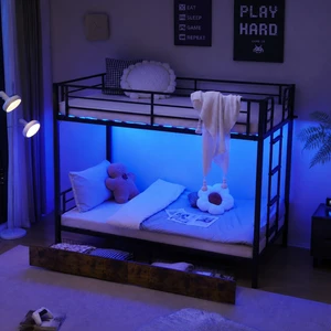 Metal Bunk Bed Twin Over Twin with 2 Drawers, LED Lights and Charging Station, Heavy Duty Twin Bunk Bed with 13.4-Inch Guardrails, Non-Slip Ladder, No Box Spring Needed, Black/Brown Metal Bunk Bed Twin Over Twin with 2 Drawers, LED Lights and Charging Station, Heavy Duty Twin Bunk Bed with 13.4-Inch Guardrails, Non-Slip Ladder, No Box Spring Needed, Black/Brown