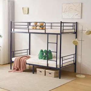 Bunk Bed Twin Over Twin with 13 inches Tall Guardrail, Metal Twin Bunk Bed with Flat Rungs Design,No Boxing Spring Needed, Navy Blue Bunk Bed Twin Over Twin with 13 inches Tall Guardrail, Metal Twin Bunk Bed with Flat Rungs Design,No Boxing Spring Needed, Navy Blue