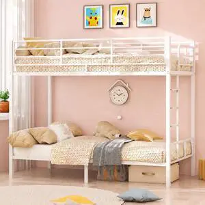 Heavy Duty Twin Bunk Bed with 15-Inch Guardrails, Metal Bunk Bed Twin Over Twin, Reversible Side-Ladder Layout, Wide Flat Rungs, 10-Inch Underbed Storage, No Box Spring Needed, White Heavy Duty Twin Bunk Bed with 15-Inch Guardrails, Metal Bunk Bed Twin Over Twin, Reversible Side-Ladder Layout, Wide Flat Rungs, 10-Inch Underbed Storage, No Box Spring Needed, White
