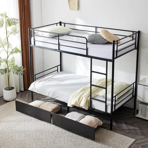 2 in 1 Convertible Twin Over Twin Metal Bunk Bed with 2 Storage Drawers, Full-Length Guardrail, Safe Ladder, Headboard & Footboard, No Box Spring Needed, for Kids Children Adults, Black 2 in 1 Convertible Twin Over Twin Metal Bunk Bed with 2 Storage Drawers, Full-Length Guardrail, Safe Ladder, Headboard & Footboard, No Box Spring Needed, for Kids Children Adults, Black
