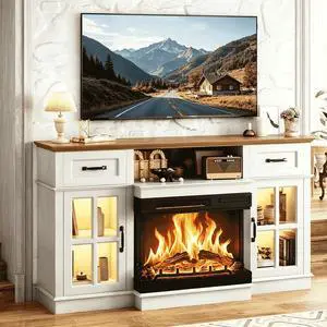 58" Fireplace TV Stand, White | 3-Sided Glass Electric Fireplace, LED Light, Drawers & Glass Doors 58" Fireplace TV Stand, White | 3-Sided Glass Electric Fireplace, LED Light, Drawers & Glass Doors