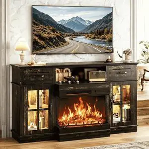 58" Fireplace TV Stand for up to 65" TVs, Dark Rustic Oak | 3-Sided Electric Fireplace, LED Light Strip, Glass Doors, Storage Drawers & Open Shelf 58" Fireplace TV Stand for up to 65" TVs, Dark Rustic Oak | 3-Sided Electric Fireplace, LED Light Strip, Glass Doors, Storage Drawers & Open Shelf