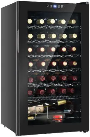 34 Bottle Wine Cooler Refrigerator, Freestanding Compressor Wine Chiller, Beverage Wine Fridge with Digital Temperature Control & Double-layer Glass Door for Red White Wine, Champagne, Beer 34 Bottle Wine Cooler Refrigerator, Freestanding Compressor Wine Chiller, Beverage Wine Fridge with Digital Temperature Control & Double-layer Glass Door for Red White Wine, Champagne, Beer