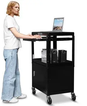 3-Tiers Rolling AV Presentation Cart with Storage, Mobile Computer Utility Media with Keyboard Tray, Projector Cart on Wheels with Locking Cabinet for School, University and Office Use 3-Tiers Rolling AV Presentation Cart with Storage, Mobile Computer Utility Media with Keyboard Tray, Projector Cart on Wheels with Locking Cabinet for School, University and Office Use