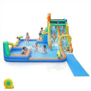 Inflatable Water Park, Outdoor Water Play Equipment Featuring Double Slides, Extended Long Slide, Climbing Wall and Large Splash Pool, Comes with Matching Air Blower, Yellow & Green Inflatable Water Park, Outdoor Water Play Equipment Featuring Double Slides, Extended Long Slide, Climbing Wall and Large Splash Pool, Comes with Matching Air Blower, Yellow & Green