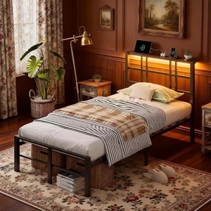 Twin Bed Frame with Headboard and Wooden Storage Shelf,10.4" Height Under Bed Storage Space,Charging Station and LED Lights,Sturdy & Stable,Embedded Design,Easy Assembly,Black. Twin Bed Frame with Headboard and Wooden Storage Shelf,10.4" Height Under Bed Storage Space,Charging Station and LED Lights,Sturdy & Stable,Embedded Design,Easy Assembly,Black.