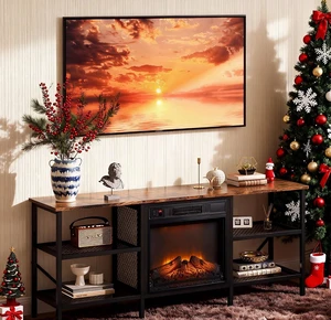 Industrial Fireplace TV Stand, 58" Entertainment Center with 18" Electric Fireplace Heater, TV Console with Open Metal Mesh Frame & Shelves up for 70 Inch TVs, Rustic Brown Industrial Fireplace TV Stand, 58" Entertainment Center with 18" Electric Fireplace Heater, TV Console with Open Metal Mesh Frame & Shelves up for 70 Inch TVs, Rustic Brown