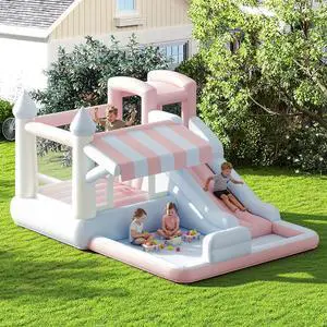 Inflatable Bounce House, Water Slide with Jumping Area, Climbing Wall and Splash Pool, Indoor Outdoor Jumper for Big Children, Air Blower Included, Pastel Color, 121x93x69 Inch Inflatable Bounce House, Water Slide with Jumping Area, Climbing Wall and Splash Pool, Indoor Outdoor Jumper for Big Children, Air Blower Included, Pastel Color, 121x93x69 Inch
