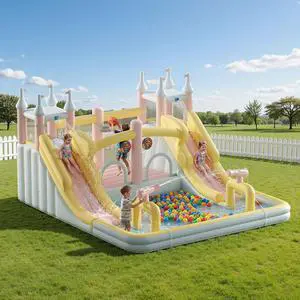 Inflatable Bounce House, Water Slide with Jumping Area, Climbing Wall, Splash Pool and Water Gun, Indoor Outdoor Jumper for Big Children, Air Blower Included, Pastel Color, 177x163x94 Inch Inflatable Bounce House, Water Slide with Jumping Area, Climbing Wall, Splash Pool and Water Gun, Indoor Outdoor Jumper for Big Children, Air Blower Included, Pastel Color, 177x163x94 Inch