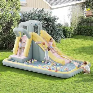 Inflatable Bounce House, Water Slide with Jumping Area, Climbing Wall, Splash Pool and Water Gun, Indoor Outdoor Jumper for Little Children, Air Blower Included, Pastel Color, 154x106x75 Inch Inflatable Bounce House, Water Slide with Jumping Area, Climbing Wall, Splash Pool and Water Gun, Indoor Outdoor Jumper for Little Children, Air Blower Included, Pastel Color, 154x106x75 Inch