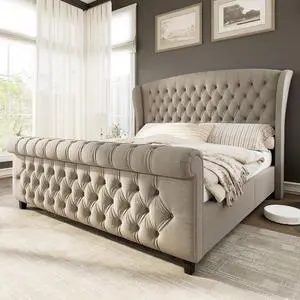 King Size Platform Bed Frame, Linen Upholstered Sleigh Bed with Scroll Wingback Headboard & Footboard/Button Tufted/No Box Spring Required/Khaki King Size Platform Bed Frame, Linen Upholstered Sleigh Bed with Scroll Wingback Headboard & Footboard/Button Tufted/No Box Spring Required/Khaki