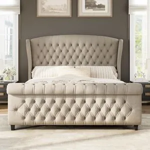 California King Size Platform Bed Frame, Linen Upholstered Sleigh Bed with Scroll Wingback Headboard & Footboard/Button Tufted/No Box Spring Required/Khaki California King Size Platform Bed Frame, Linen Upholstered Sleigh Bed with Scroll Wingback Headboard & Footboard/Button Tufted/No Box Spring Required/Khaki