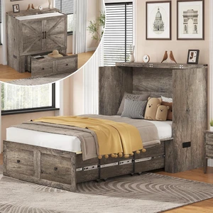 Twin Murphy Bed Cabinet with Charging Station and Storage Drawer, Farmhouse Foldable Platform Bed for Home Office, Apartment, Small Spaces, Rustic Grey Twin Murphy Bed Cabinet with Charging Station and Storage Drawer, Farmhouse Foldable Platform Bed for Home Office, Apartment, Small Spaces, Rustic Grey