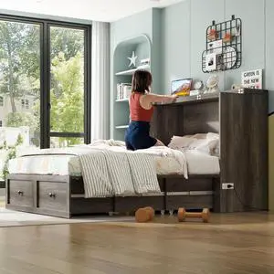 Full Murphy Bed with Storage & Charging Station, Farmhouse Murphy Cabinet with Foldable Panel, Noisy Free, for Guest Bedroom, Living Room, Office, Rustic Grey Full Murphy Bed with Storage & Charging Station, Farmhouse Murphy Cabinet with Foldable Panel, Noisy Free, for Guest Bedroom, Living Room, Office, Rustic Grey