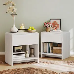 Modern Night Stand Set 2 with Storage Drawer & Open Shelves, 24" Round Bedside Table Nightstand with Curved Top Corners for Bedroom Living Room Sofa Office, End Table for Small Spaces, White Modern Night Stand Set 2 with Storage Drawer & Open Shelves, 24" Round Bedside Table Nightstand with Curved Top Corners for Bedroom Living Room Sofa Office, End Table for Small Spaces, White