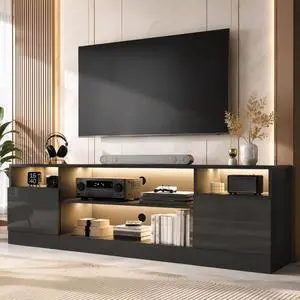 70" LED TV Stand for TVs up to 80", Modern Entertainment Center with Storage Cabinets & Open Shelves, High-Gloss TV Console for Living Room, Bedroom, Black 70" LED TV Stand for TVs up to 80", Modern Entertainment Center with Storage Cabinets & Open Shelves, High-Gloss TV Console for Living Room, Bedroom, Black