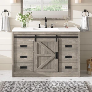 48" Farmhouse Freestanding Bathroom Vanity with Sink, Sliding Barn Doors Bathroom Vanity with Drawers & Deep Basin, Spacious Bathroom Storage, Light Grey 48" Farmhouse Freestanding Bathroom Vanity with Sink, Sliding Barn Doors Bathroom Vanity with Drawers & Deep Basin, Spacious Bathroom Storage, Light Grey