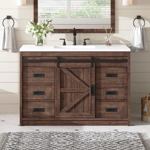 48" Farmhouse Freestanding Bathroom Vanity with Sink, Sliding Barn Doors Bathroom Vanity with Drawers & Deep Basin, Spacious Bathroom Storage, Rustic Brown 48" Farmhouse Freestanding Bathroom Vanity with Sink, Sliding Barn Doors Bathroom Vanity with Drawers & Deep Basin, Spacious Bathroom Storage, Rustic Brown