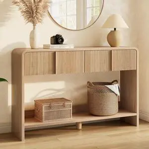 45" Fluted Console Table with 2 Drawers and Open Shelf, Modern Entryway Table with Rounded Edges, Wood Sofa Table for Hallway, Foyer, Behind Couch, Living Room, Natural Oak 45" Fluted Console Table with 2 Drawers and Open Shelf, Modern Entryway Table with Rounded Edges, Wood Sofa Table for Hallway, Foyer, Behind Couch, Living Room, Natural Oak