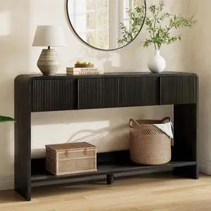 55" Fluted Console Table with 2 Drawers and Open Shelf, Modern Entryway Table with Rounded Edges, Wood Sofa Table for Hallway, Foyer, Behind Couch, Living Room, Black 55" Fluted Console Table with 2 Drawers and Open Shelf, Modern Entryway Table with Rounded Edges, Wood Sofa Table for Hallway, Foyer, Behind Couch, Living Room, Black