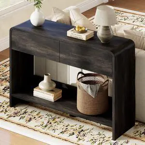 45" Modern Console Table with 2 Storage Drawers and Open Shelf, Wooden Entryway Table with Curved Edges, Sofa Table Behind Couch for Hallway, Foyer, Entrance, Living Room, Black 45" Modern Console Table with 2 Storage Drawers and Open Shelf, Wooden Entryway Table with Curved Edges, Sofa Table Behind Couch for Hallway, Foyer, Entrance, Living Room, Black