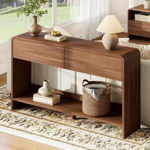 55" Modern Console Table with 2 Storage Drawers and Open Shelf, Wooden Entryway Table with Curved Edges, Sofa Table Behind Couch for Hallway, Foyer, Entrance, Living Room, Brown 55" Modern Console Table with 2 Storage Drawers and Open Shelf, Wooden Entryway Table with Curved Edges, Sofa Table Behind Couch for Hallway, Foyer, Entrance, Living Room, Brown