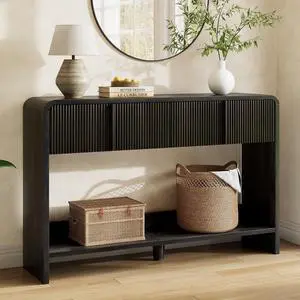 45" Fluted Console Table with 2 Drawers and Open Shelf, Modern Entryway Table with Rounded Edges, Wood Sofa Table for Hallway, Foyer, Behind Couch, Living Room, Black 45" Fluted Console Table with 2 Drawers and Open Shelf, Modern Entryway Table with Rounded Edges, Wood Sofa Table for Hallway, Foyer, Behind Couch, Living Room, Black