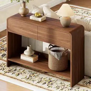 45" Modern Console Table with 2 Storage Drawers and Open Shelf, Wooden Entryway Table with Curved Edges, Sofa Table Behind Couch for Hallway, Foyer, Entrance, Living Room, Brown 45" Modern Console Table with 2 Storage Drawers and Open Shelf, Wooden Entryway Table with Curved Edges, Sofa Table Behind Couch for Hallway, Foyer, Entrance, Living Room, Brown