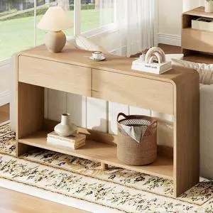 55" Modern Console Table with 2 Storage Drawers and Open Shelf, Wooden Entryway Table with Curved Edges, Sofa Table Behind Couch for Hallway, Foyer, Entrance, Living Room, Natural Oak 55" Modern Console Table with 2 Storage Drawers and Open Shelf, Wooden Entryway Table with Curved Edges, Sofa Table Behind Couch for Hallway, Foyer, Entrance, Living Room, Natural Oak