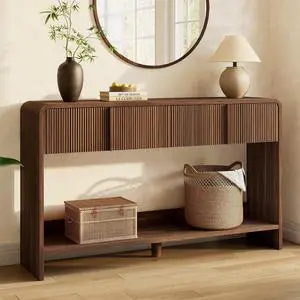 55" Fluted Console Table with 2 Drawers and Open Shelf, Modern Entryway Table with Rounded Edges, Wood Sofa Table for Hallway, Foyer, Behind Couch, Living Room, Brown 55" Fluted Console Table with 2 Drawers and Open Shelf, Modern Entryway Table with Rounded Edges, Wood Sofa Table for Hallway, Foyer, Behind Couch, Living Room, Brown