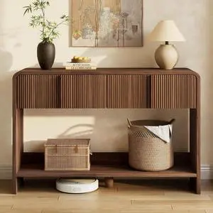 45" Modern Console Table with Rounded Edges, Fluted Entryway Table with 2 Drawers and Open Shelf, Wood Sofa Table for Hallway, Behind Couch, Foyer, Living Room, Brown 45" Modern Console Table with Rounded Edges, Fluted Entryway Table with 2 Drawers and Open Shelf, Wood Sofa Table for Hallway, Behind Couch, Foyer, Living Room, Brown