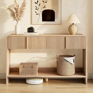 55" Fluted Entryway Console Table with 2 Storage Drawers and Open Shelf, Modern Wood Sofa Table with Rounded Edges for Hallway, Foyer, Behind Couch, Living Room, Natural Oak 55" Fluted Entryway Console Table with 2 Storage Drawers and Open Shelf, Modern Wood Sofa Table with Rounded Edges for Hallway, Foyer, Behind Couch, Living Room, Natural Oak