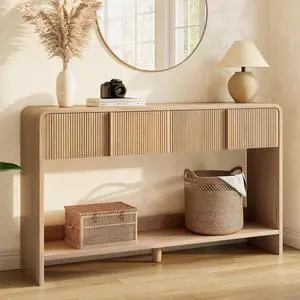 55" Fluted Console Table with 2 Drawers and Open Shelf, Modern Entryway Table with Rounded Edges, Wood Sofa Table for Hallway, Foyer, Behind Couch, Living Room, Natural Oak 55" Fluted Console Table with 2 Drawers and Open Shelf, Modern Entryway Table with Rounded Edges, Wood Sofa Table for Hallway, Foyer, Behind Couch, Living Room, Natural Oak