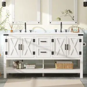 60 Farmhouse Bathroom Vanity with Double Sink, Freestanding Cabinet with 2 Drawers, 4 Barn Doors & Open Shelf, Rustic Storage for Master or Family Bathroom, Antique White 60 Farmhouse Bathroom Vanity with Double Sink, Freestanding Cabinet with 2 Drawers, 4 Barn Doors & Open Shelf, Rustic Storage for Master or Family Bathroom, Antique White