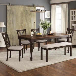 6-Piece Farmhouse Dining Table Set for 6-7, 71" Solid Wood Kitchen Table and Chairs, 1 Dining Table, 4 Upholstered Chairs and 1 Bench, Rustic Dining Room Set, Brown 6-Piece Farmhouse Dining Table Set for 6-7, 71" Solid Wood Kitchen Table and Chairs, 1 Dining Table, 4 Upholstered Chairs and 1 Bench, Rustic Dining Room Set, Brown