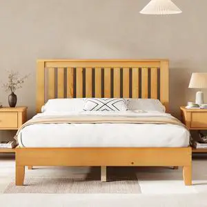 Queen Size Bed Frame, Solid Wood Platform Bed with Vertical Slats Headboard, Wooden Bedframe Queen, Sturdy Wooden Slats Support, No Noise, Light Wood Queen Size Bed Frame, Solid Wood Platform Bed with Vertical Slats Headboard, Wooden Bedframe Queen, Sturdy Wooden Slats Support, No Noise, Light Wood