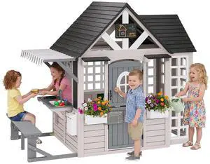 Kids Outdoor Wooden Playhouse with Kitchen Playset, Backyard Cottage for Kids with Bench, Chalkboard, Pet Door, Wooden Mailbox and Flowerpot, Backyard Play House for Boys and Girls Ages 3-8 Kids Outdoor Wooden Playhouse with Kitchen Playset, Backyard Cottage for Kids with Bench, Chalkboard, Pet Door, Wooden Mailbox and Flowerpot, Backyard Play House for Boys and Girls Ages 3-8