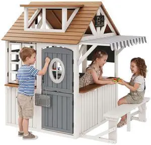 Outdoor Wooden Playhouse with Kitchen Playset, Backyard Cottage Playhouse for Kids with Bench, Awning, Chalkboard, Pet Door and Dutch Door, Pretend Play House for Boys and Girls Ages 3-8 Outdoor Wooden Playhouse with Kitchen Playset, Backyard Cottage Playhouse for Kids with Bench, Awning, Chalkboard, Pet Door and Dutch Door, Pretend Play House for Boys and Girls Ages 3-8