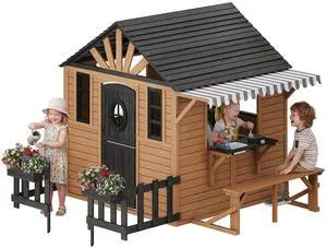 Outdoor Wooden Playhouse with Kitchen Playset, Upgrade Backyard Cottage for Kids with Fence, Dutch Door, Wooden Flowerpot, Bench & Awning, Pretend Playhouse for Boys & Girls Ages 3-8 Outdoor Wooden Playhouse with Kitchen Playset, Upgrade Backyard Cottage for Kids with Fence, Dutch Door, Wooden Flowerpot, Bench & Awning, Pretend Playhouse for Boys & Girls Ages 3-8